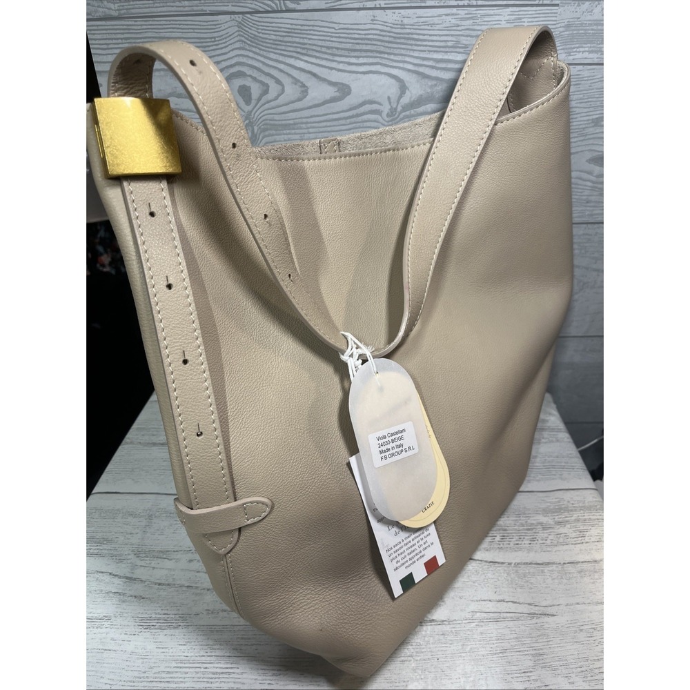 Viola‎ Castellani Beige Leather Rectangular Tote w/Adjustable Strap Gold Clasp